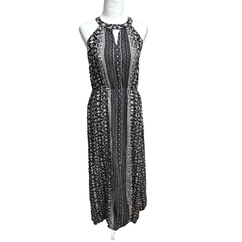 Maxi Dress Womens L Black White Boho Chic Global-Print Tribal Halter‎ Flowy